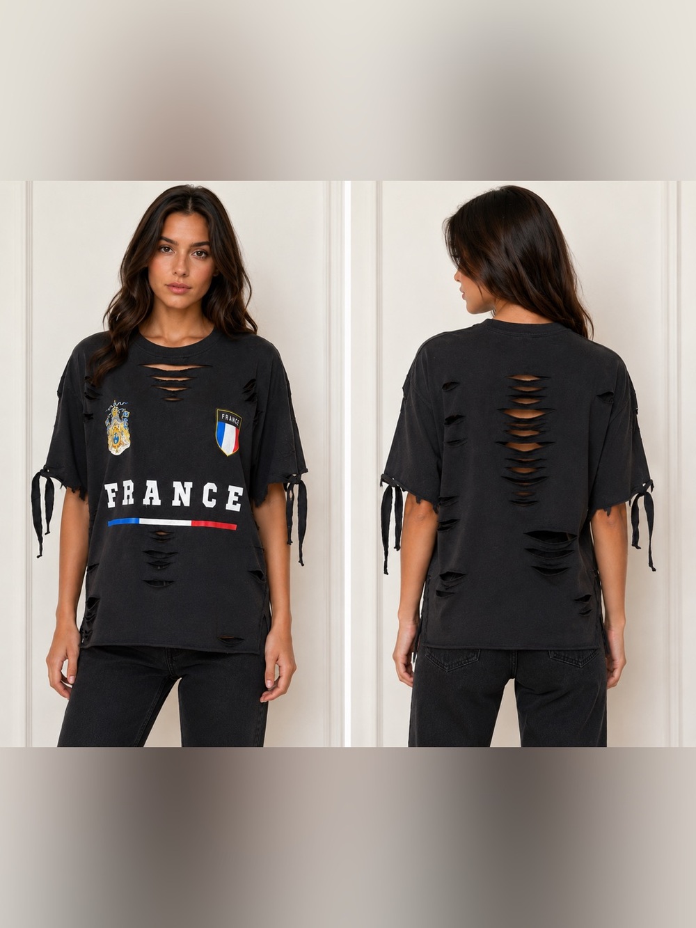 France Graphic Distressed Tie-Sleeve Tee - Black size M